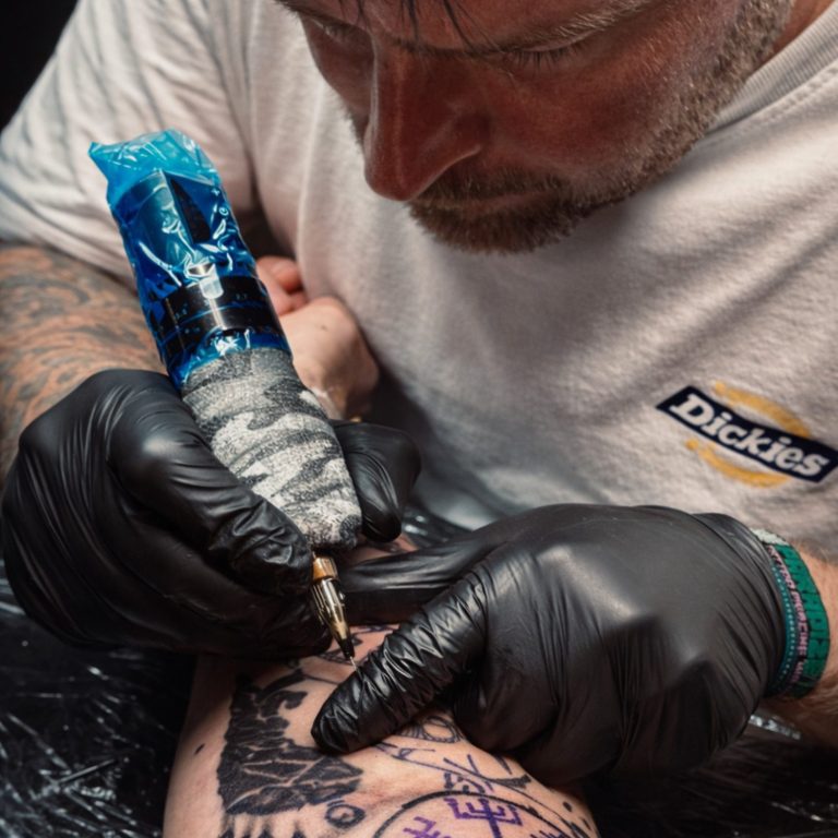 Daniel Rohmann Paradize INK Tattoo Daniel arbeitet an einem detaillierten Tattoo auf einer Hautoberfläche.